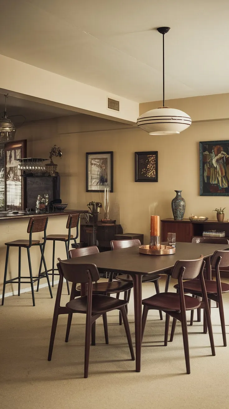 A sophisticated blend of mid-century modern design and vintage charm. This dining room, with its dark wood table and inviting bar area, is the epitome of understated elegance. A space designed for conversation, laughter, and creating lasting memories.