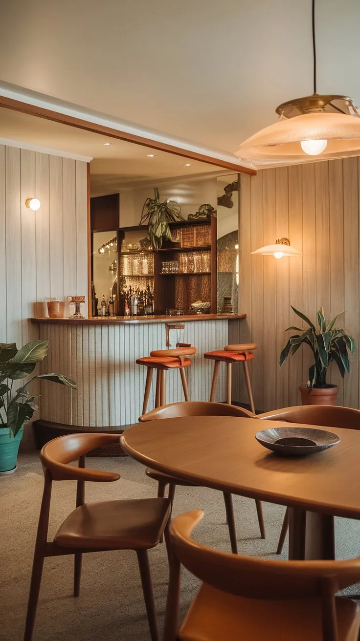 Step back in time with this stunning mid-century modern dining space. The rich wood paneling and elegantly curved furniture create A timeless atmosphere, enhanced by the soft lighting and lush greenery.