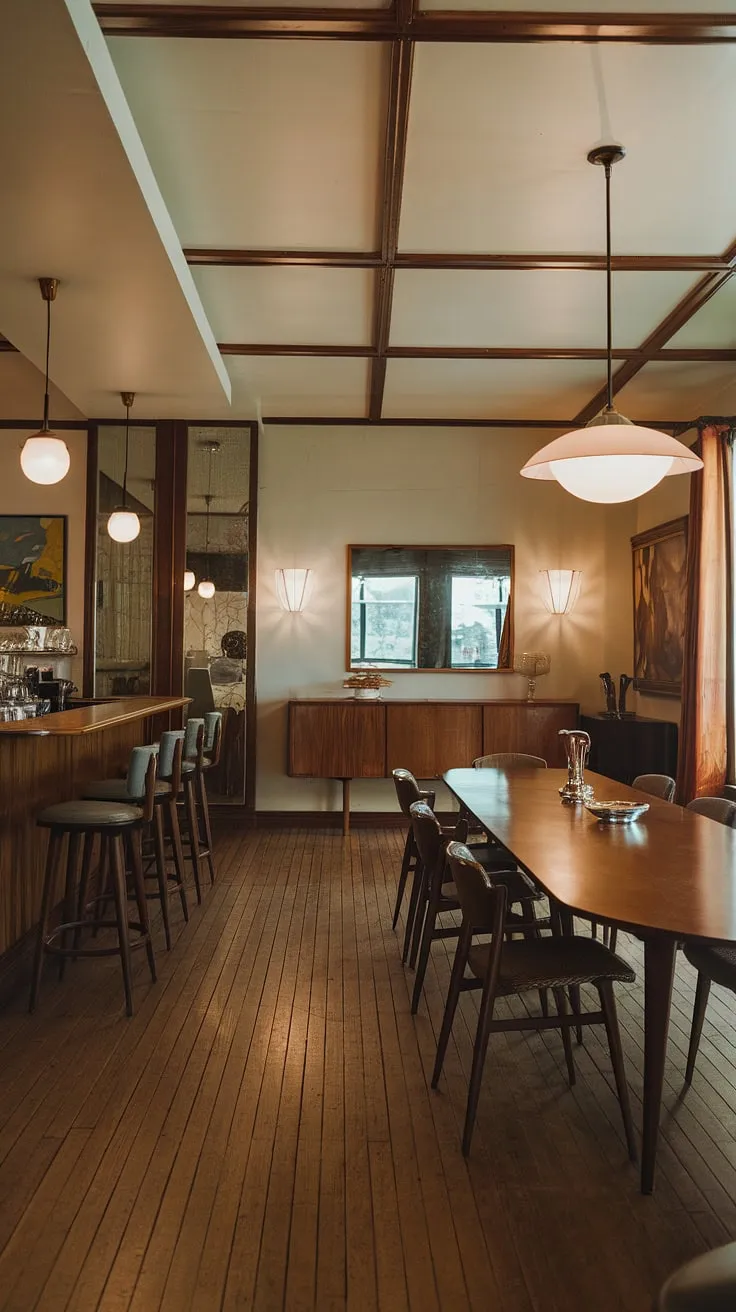 Warm wood tones and mid-century charm fill this dining room, creating a space perfect for intimate gatherings and lively conversations. The thoughtfully curated artwork and strategically placed lighting add to the sophisticated ambiance, while the bar area offers a touch of effortless elegance. A timeless design for a modern life.
