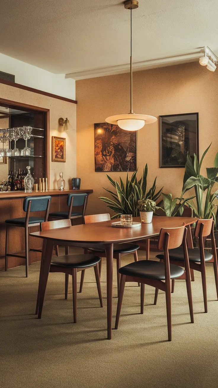 Warm wood tones and clean lines define this mid-century modern dining room, a haven of understated elegance where cherished vintage pieces and lush greenery create a space for convivial gatherings and quiet contemplation. The carefully curated details, from the textured walls to the thoughtfully placed bar area, speak to a life lived with intention and style.