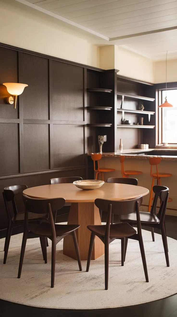Mid-century modern magic in this sun-drenched dining room. The warm light wood table, complemented by the rich dark wood paneling and subtly vibrant orange accents, creates a space that's both sophisticated and inviting. A perfect setting for unforgettable gatherings.