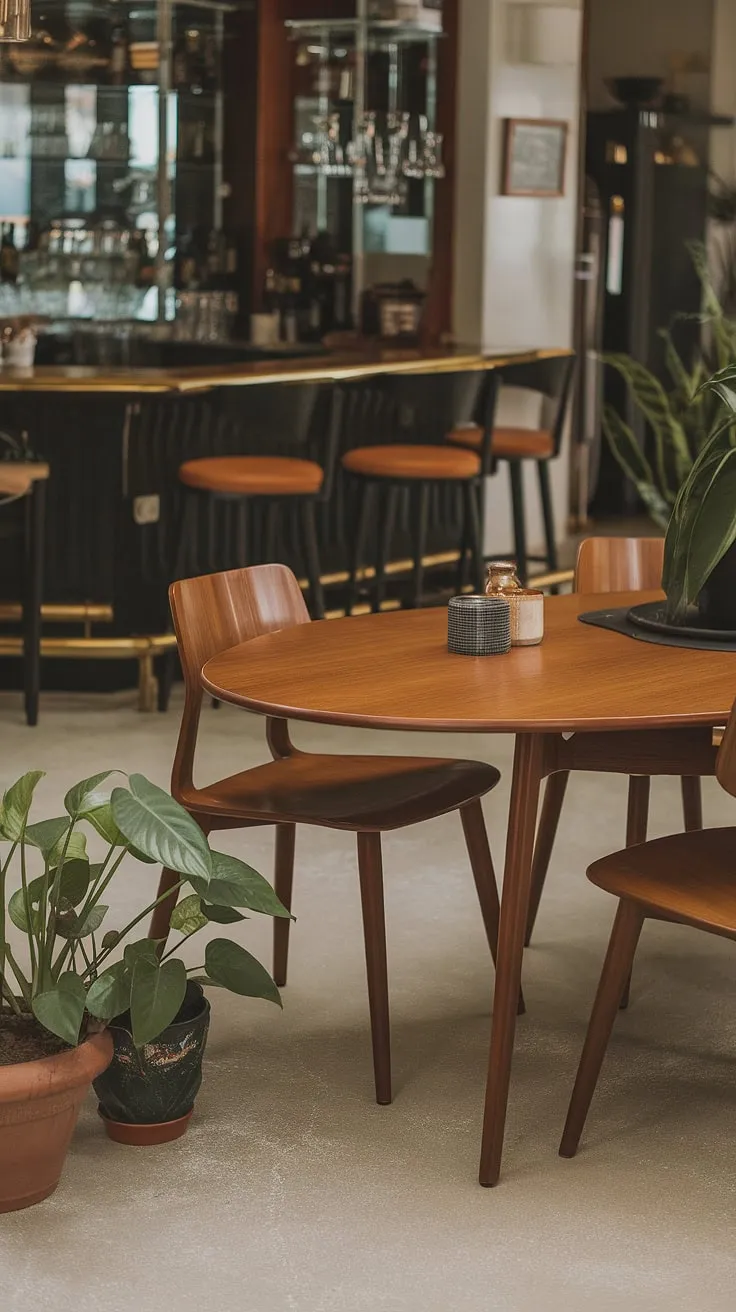 The warm glow of the wood dining table, surrounded by mid-century modern chairs, sets a perfect scene for intimate gatherings. A sleek black bar area in the background adds a touch of sophisticated contrast, while potted plants bring a breath of life to this vintage haven. This space effortlessly blends comfort and style.