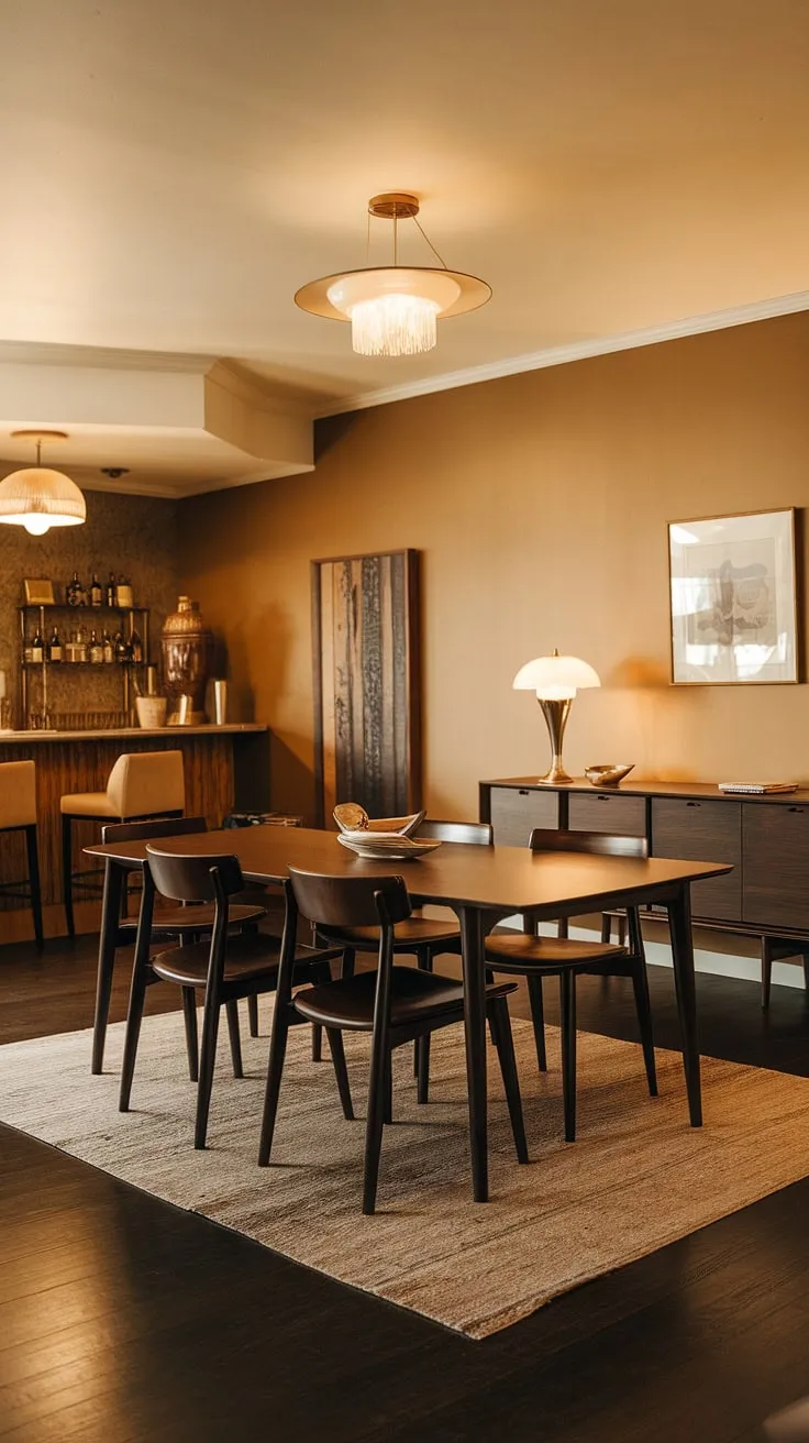 Step back in time with this mid-century modern dining room. The rich dark wood, vintage bar area, and warm beige walls create an atmosphere of sophisticated comfort. A perfect setting for unforgettable gatherings.