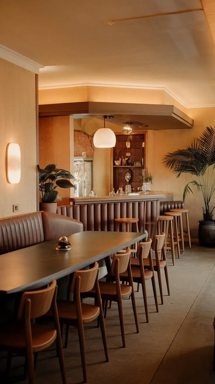 Warm honey-hued walls and the gentle glow of the setting sun paint this mid-century modern dining room in a nostalgic light. The built-in bench seating, a testament to thoughtful design, invites lingering conversations and shared meals, while the bar area, complete with a potted palm, adds a touch of sophisticated casualness. A perfect blend of comfort and style.