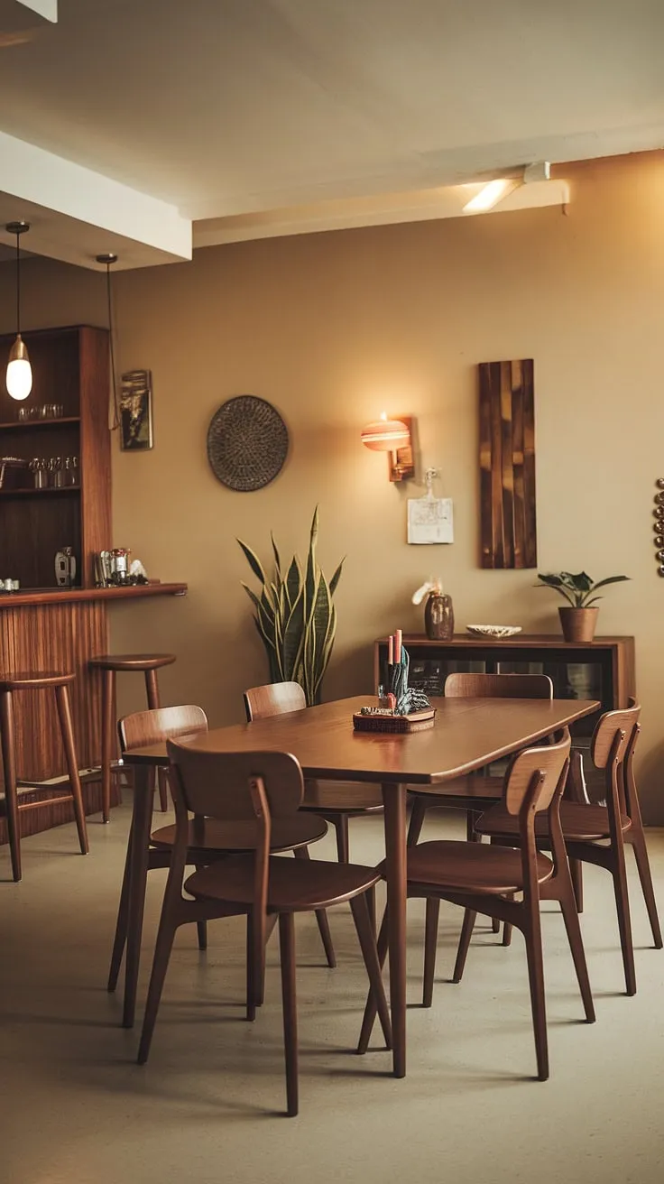 Warm lighting bathes this mid-century modern dining room, where a sleek wooden table and curved-back chairs invite conversation. The subtle beige walls, complemented by a hanging lamp and a touch of greenery, create a sophisticated yet relaxed atmosphere. A nearby bar area adds a touch of retro charm, perfect for pre-dinner drinks. This space effortlessly blends classic design with modern comfort.