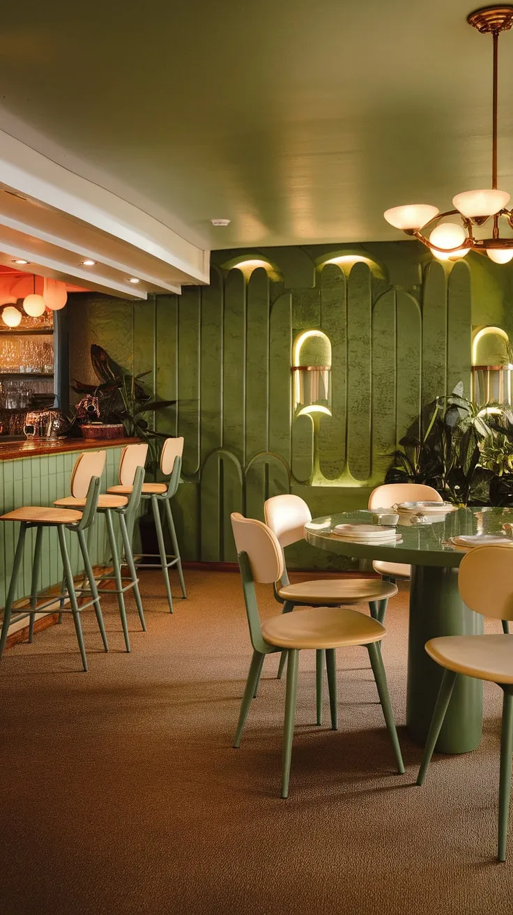 Step back in time with this mid-century modern dining room. The vibrant green walls and matching table set a retro scene, perfectly complemented by the curved white chairs and warm lighting. A charming bar area adds to the sophisticated ambiance, creating the perfect space for both intimate dinners and lively gatherings. The overall effect is one of stylish comfort and timeless appeal.