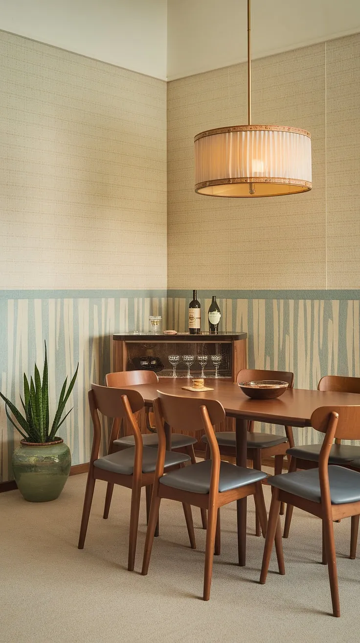 Step back in time to this mid-century modern dining room, where the warm glow of the pendant lamp illuminates a scene of sophisticated simplicity. The subtle blue and beige patterned walls, the sleek wooden table, and the thoughtfully placed greenery create an atmosphere of relaxed elegance, perfect for intimate gatherings and cherished memories. A well-stocked minibar adds a touch of playful sophistication, ready for celebratory toasts.