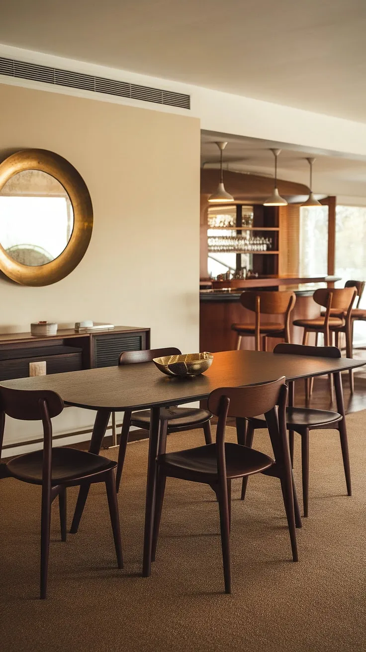 The rich tones of the dark wood dining set are beautifully complemented by the warm glow of the brass mirror and the soft beige carpet. This mid-century modern dining room, complete with a stylish bar area, is a haven of understated elegance. A space designed for both intimate dinners and relaxed socializing, it's a perfect example of how classic design can create a truly inviting atmosphere.