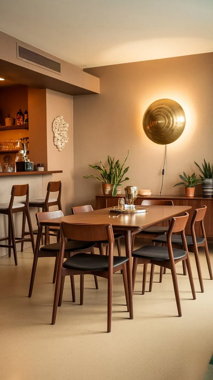 This mid-century modern dining room is a study in understated elegance. The warm, neutral palette is punctuated by the gleaming brass lamp and the rich grain of the wooden table and chairs. The addition of greenery and a subtly integrated bar area creates a space that is both stylish and effortlessly functional, a perfect blend of form and function.