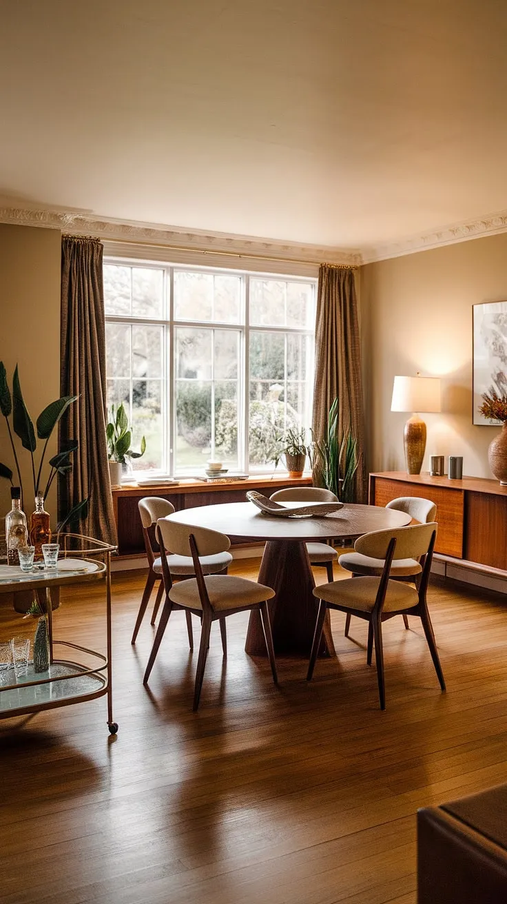 This mid-century modern dining room effortlessly blends vintage style with contemporary comfort. The rich tones of the wood furniture, complemented by the soft beige upholstery, create a warm and inviting ambiance. A quiet sophistication is achieved through thoughtful details, from the carefully curated bar cart to the strategically placed potted plants. The large window offers a tranquil garden view, completing this idyllic space.