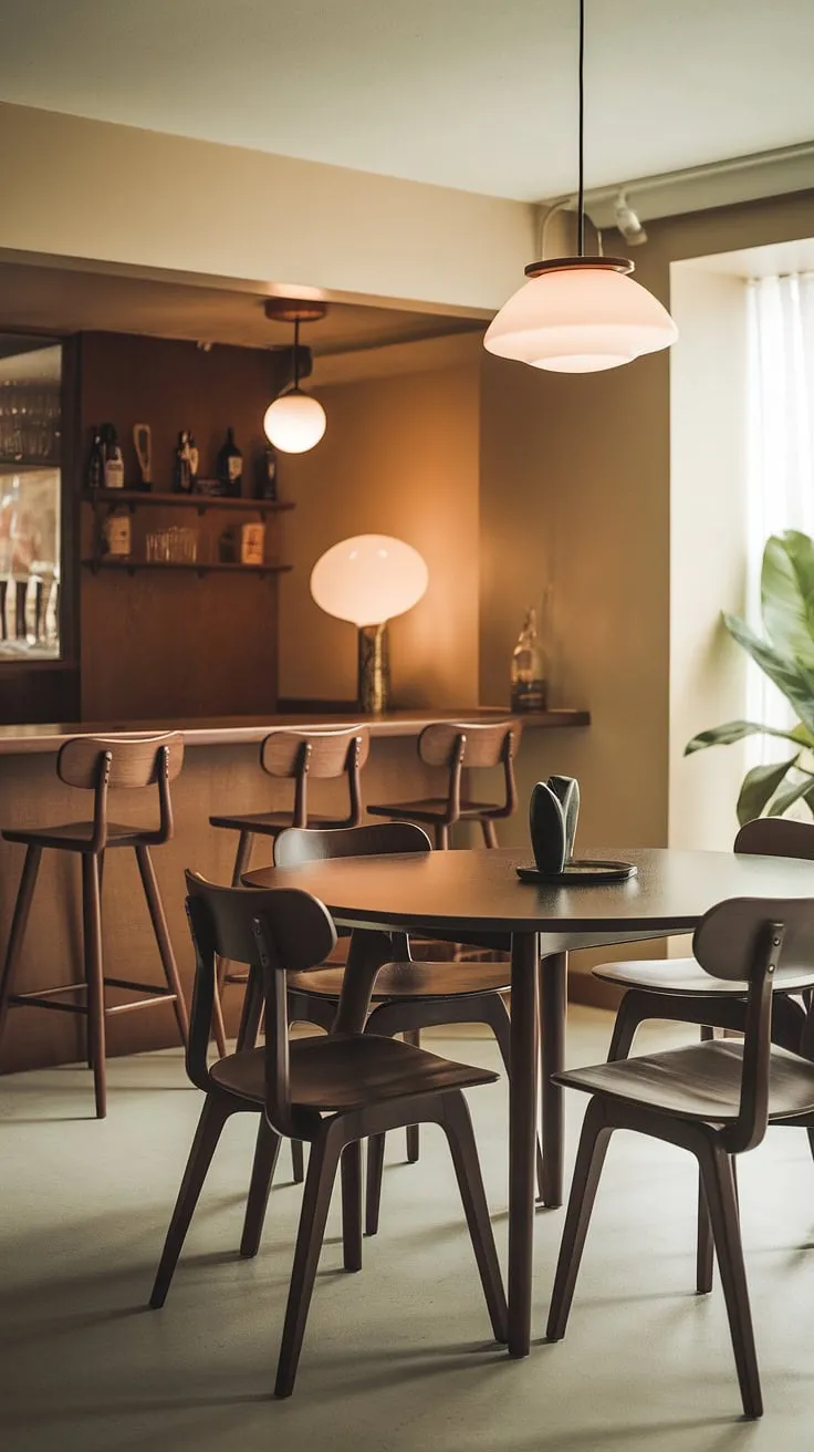 Step back in time to this effortlessly chic mid-century modern dining room. The dark wood table and curved chairs create a sophisticated ambiance, perfectly complemented by the integrated bar area and soft lighting. A touch of greenery adds a vibrant contrast to the neutral palette, showcasing the timeless appeal of this design.