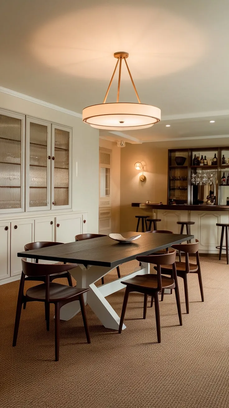 Warm light spills across the dark wood of this mid-century modern dining room, a testament to timeless design. The built-in cabinetry adds a touch of sophisticated storage, while the curved chairs and circular pendant light create a sense of effortless elegance. A perfect blend of form and function, this space effortlessly embodies the era's iconic style.
