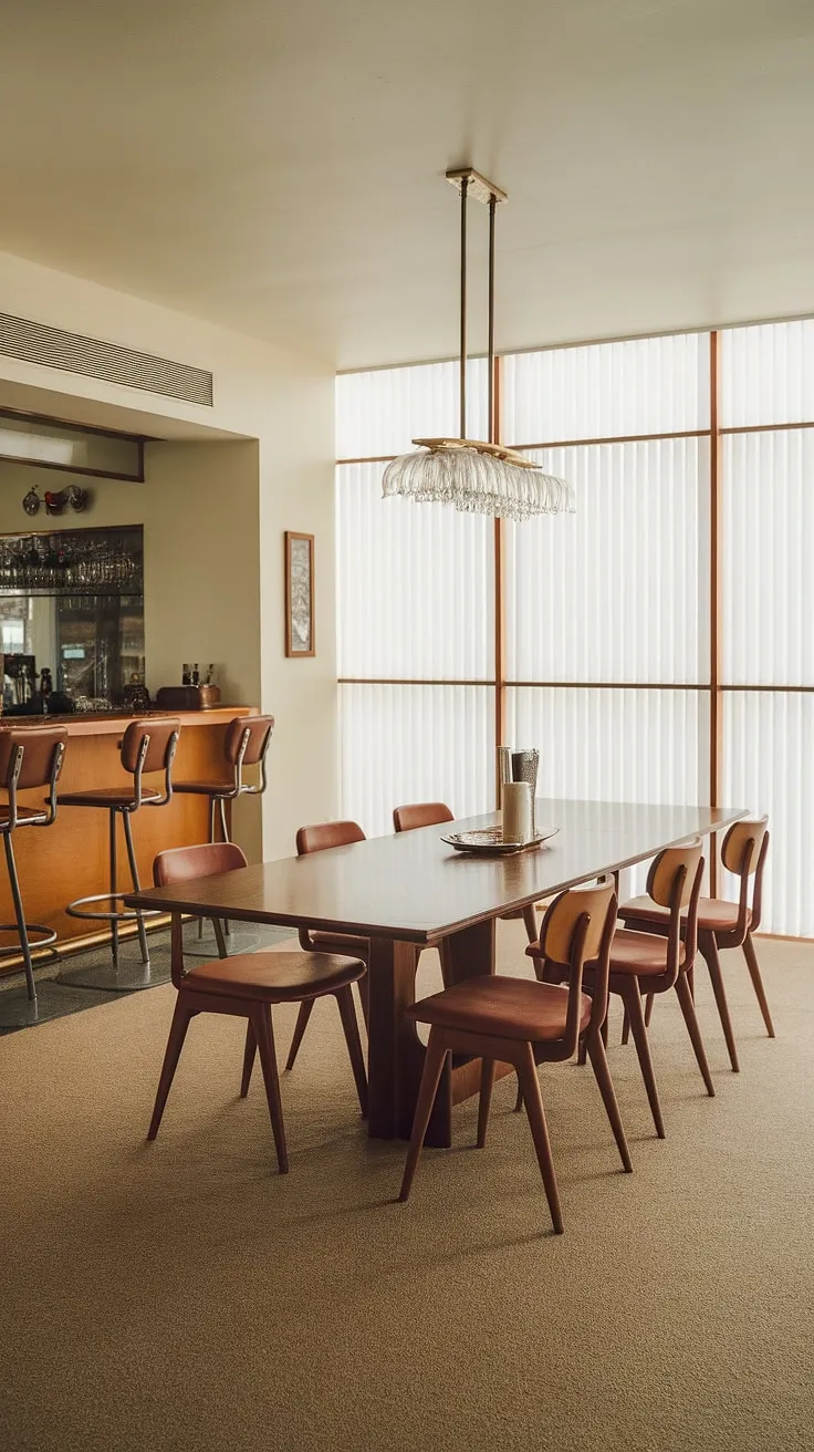 Step back in time to this mid-century modern dream. The warm glow of the vintage chandelier illuminates a perfectly styled dining space, complete with a sleek bar area – a sophisticated setting for unforgettable gatherings. The curved lines of the chairs and the rich wood tones create an atmosphere of timeless elegance.