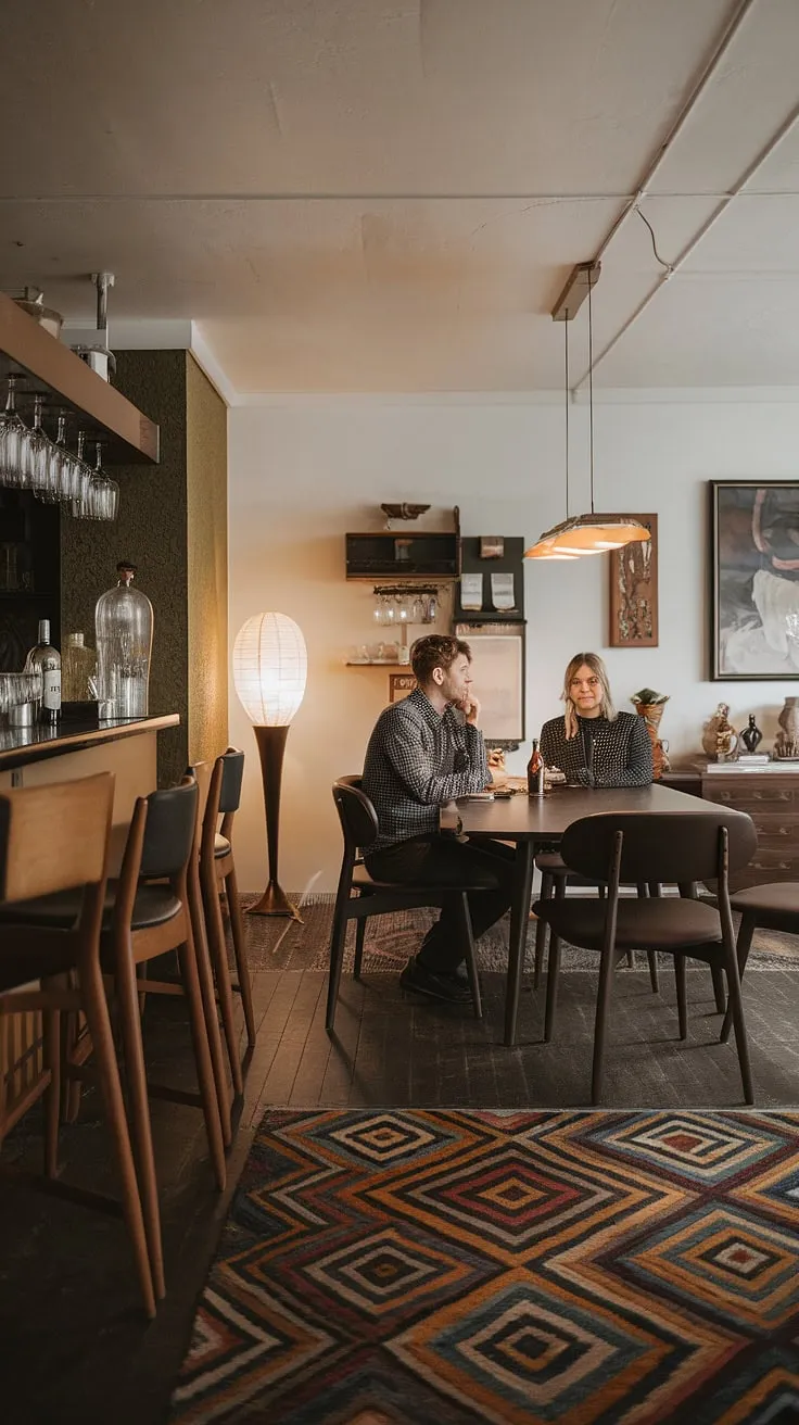 Conversation flows as easily as the amber liquid in the glasses on the bar. This mid-century modern dining room, with its dark wood furniture and carefully chosen details, is a testament to timeless style and the art of comfortable entertaining. The subtle patterns and warm lighting create an atmosphere of relaxed sophistication.