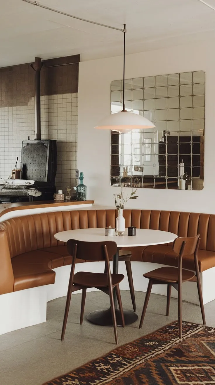 A stylish sanctuary for entertaining: This mid-century modern dining room boasts a stunning curved banquette, a gleaming white table, and a vintage bar area complete with a stovetop. A large mirror reflects the light, enhancing the airy feel. A space designed for both comfort and effortless elegance. A dream come true.