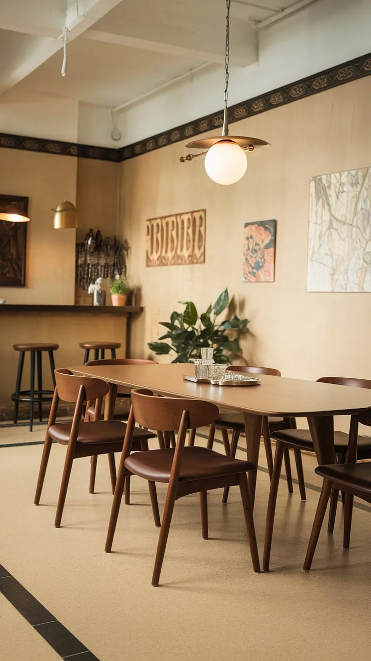 The epitome of mid-century modern design, this dining room effortlessly blends vintage aesthetics with contemporary comfort. The rich tones of the wooden table and chairs are complemented by the soft beige walls and patterned floor, creating a harmonious and inviting space. A simple yet elegant globe pendant light hangs above, casting a warm glow on the artwork and the charming bar area tucked away in the corner. It's a space designed for connection and celebration.
