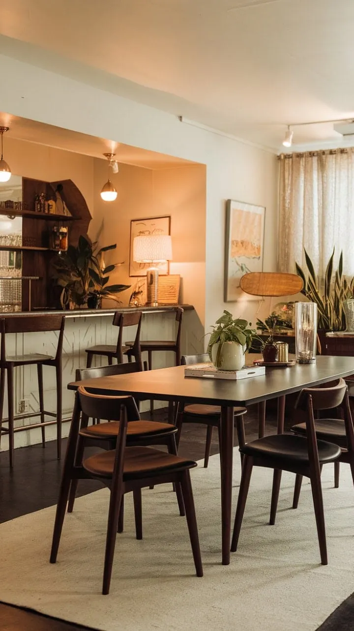 This mid-century modern dining room, with its warm lighting and vintage charm, offers a sophisticated sanctuary for memorable gatherings.