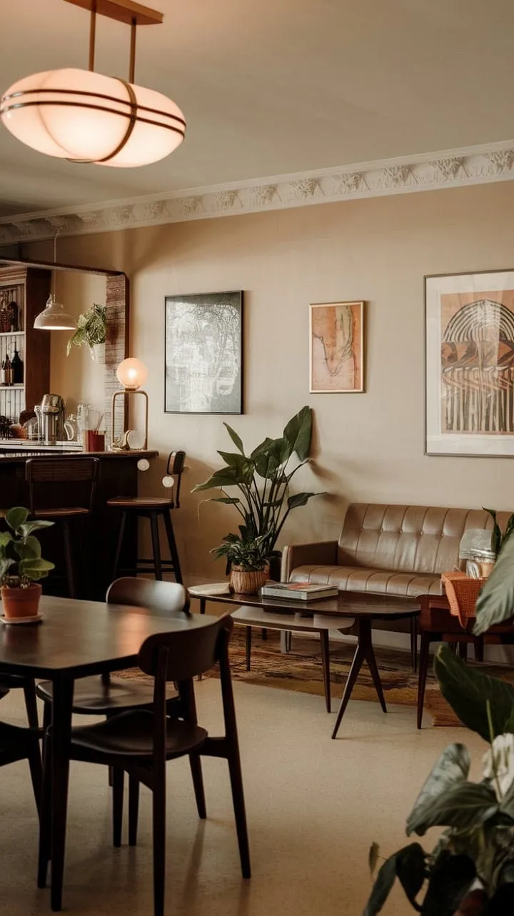 This mid-century modern sanctuary, featuring warm wood tones and a vintage bar, exudes sophisticated retro charm with its plush sofa and curated artwork, creating a serene oasis of understated elegance.
