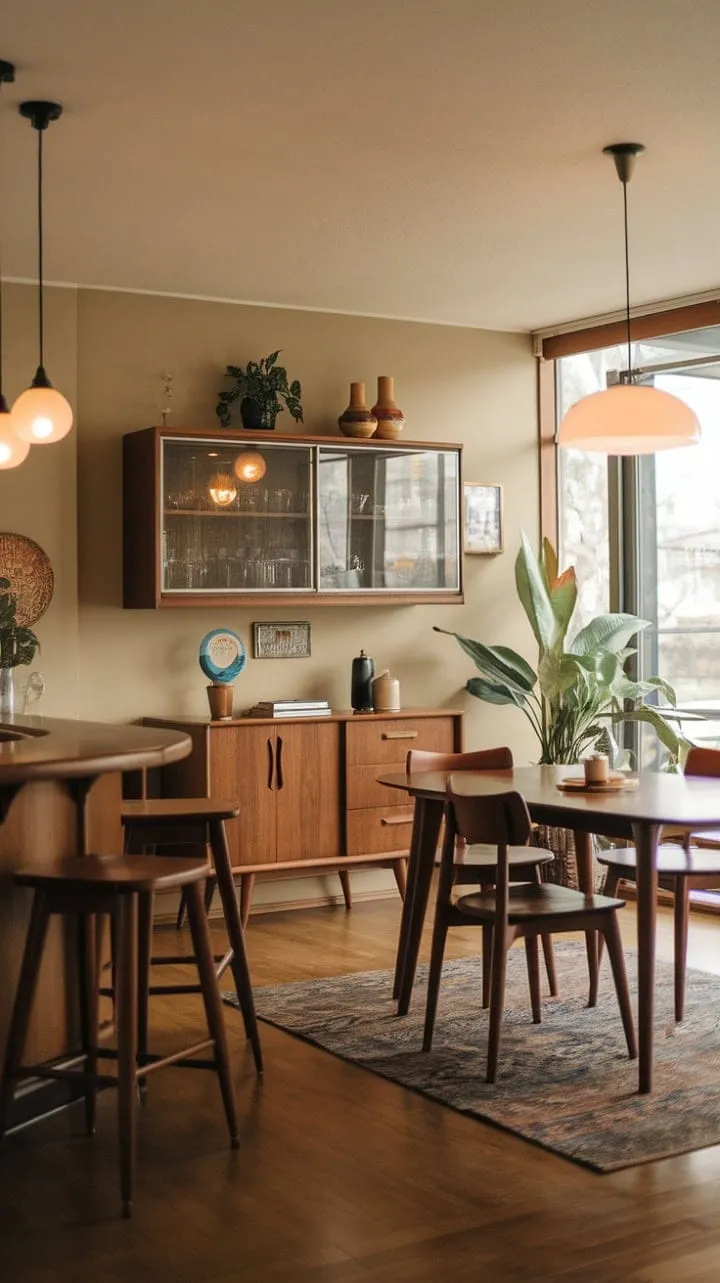 Sunlight dances through the window, highlighting the mid-century charm and lush greenery of a dining room that effortlessly blends sophistication with relaxation.