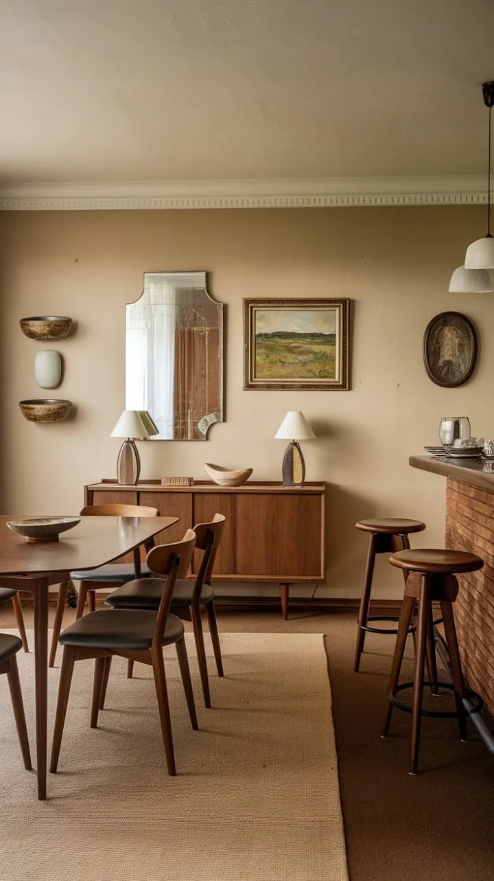 This dining space exudes timeless sophistication with its warm wood tones, mid-century charm, curated artwork, and vintage lighting, making it ideal for intimate gatherings.