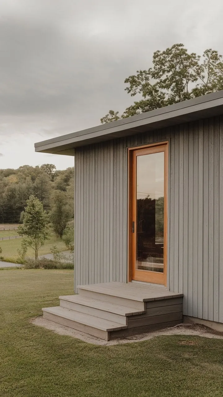 Nestled in a vibrant landscape, a mid-century modern farmhouse with wood-paneled walls embodies intentional living, harmoniously blending rustic charm with contemporary elegance.