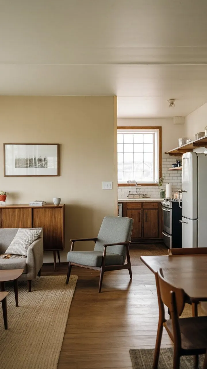 This mid-century modern farmhouse is a serene sanctuary where minimalist elegance meets the warmth of natural textures and light.