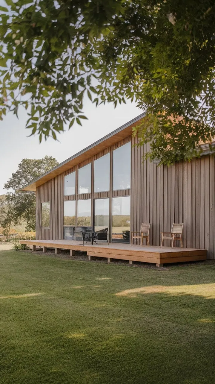 This mid-century modern farmhouse harmoniously combines architectural elegance with serene natural beauty, creating an idyllic retreat.