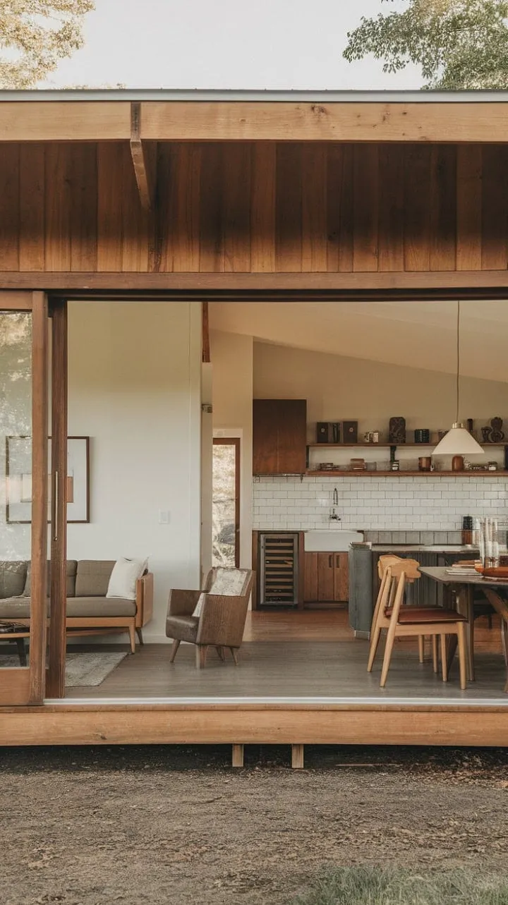 This mid-century modern farmhouse harmoniously fuses rustic charm with minimalist elegance, offering a tranquil retreat where simplicity and sophistication coexist.