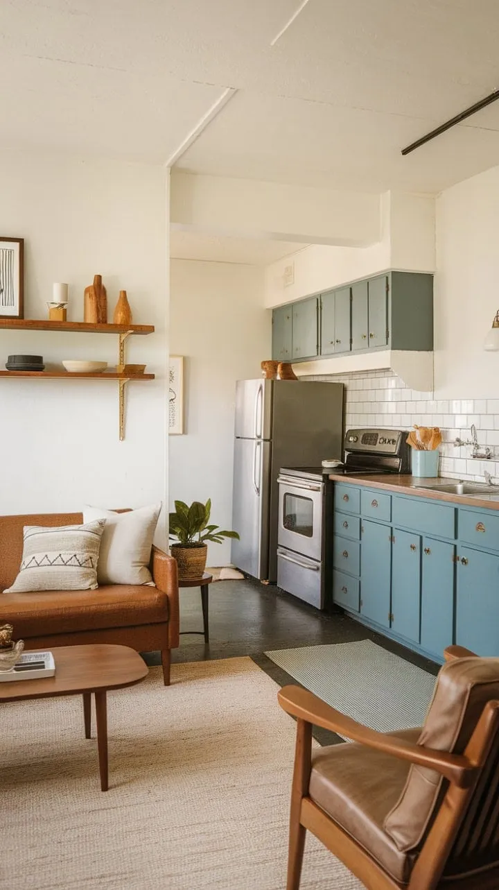 This mid-century modern farmhouse artfully combines rustic charm and contemporary elegance, featuring a cozy living space that transitions into a vibrant cabin-style kitchen with striking blue cabinets.
