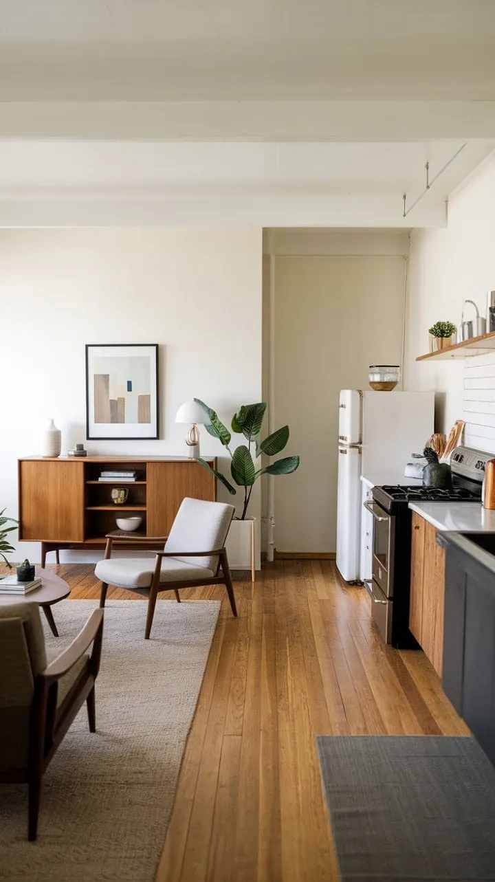 This renovated farmhouse masterfully combines minimalist simplicity with mid-century warmth, creating a tranquil and captivating space that embodies understated elegance.