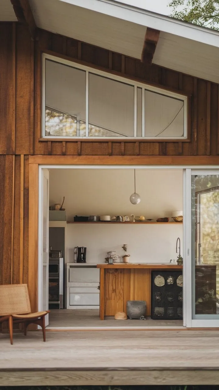 This mid-century modern farmhouse kitchen harmoniously blends functionality and beauty, enveloped in the calming warmth of natural wood.