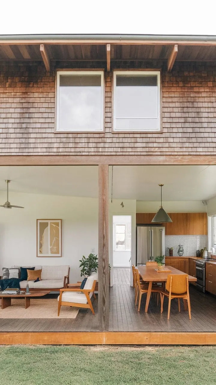 Bathed in sunlight, this elegantly restored mid-century farmhouse blends rustic charm with modern minimalism, creating a serene retreat that celebrates refined design.