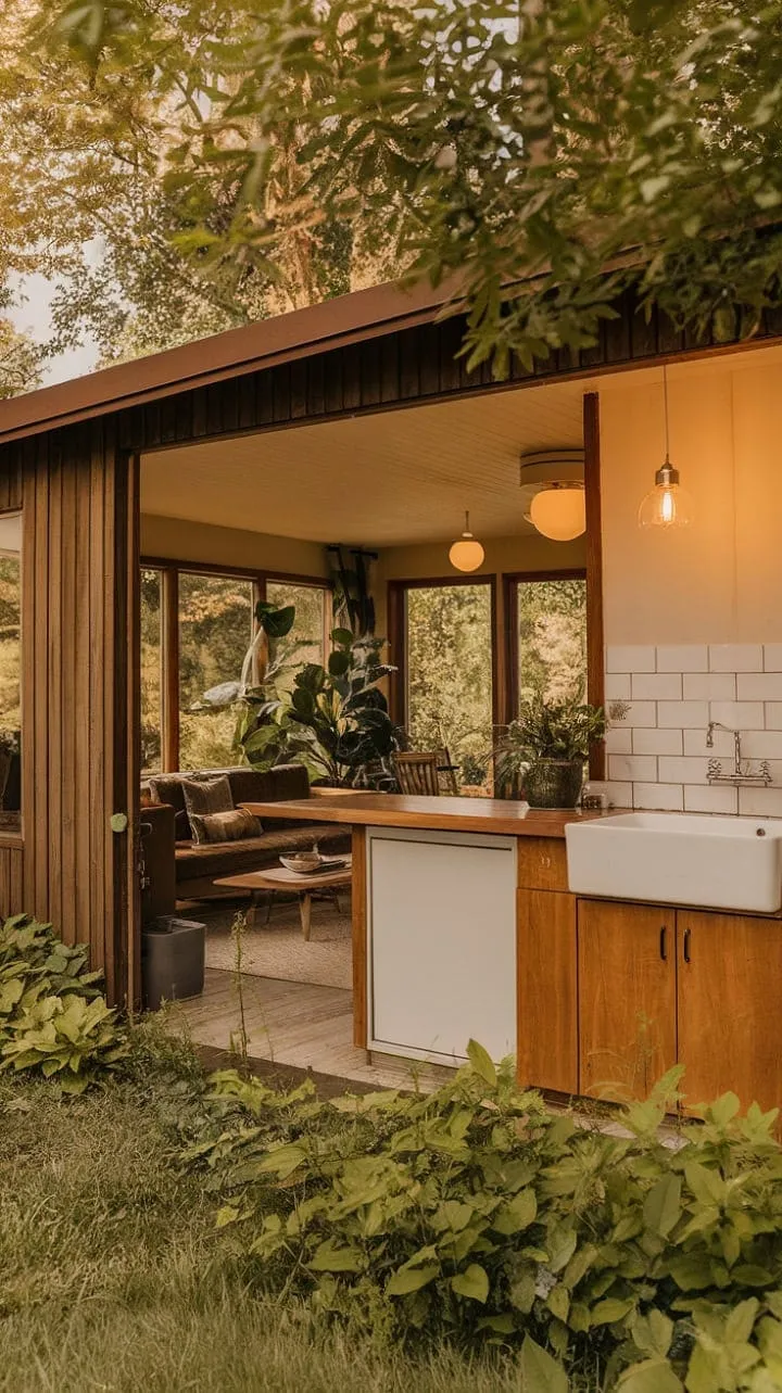 This mid-century modern farmhouse harmoniously blends warm wood tones and minimalist design with rustic charm, creating a serene sanctuary that seamlessly connects indoor and outdoor living.