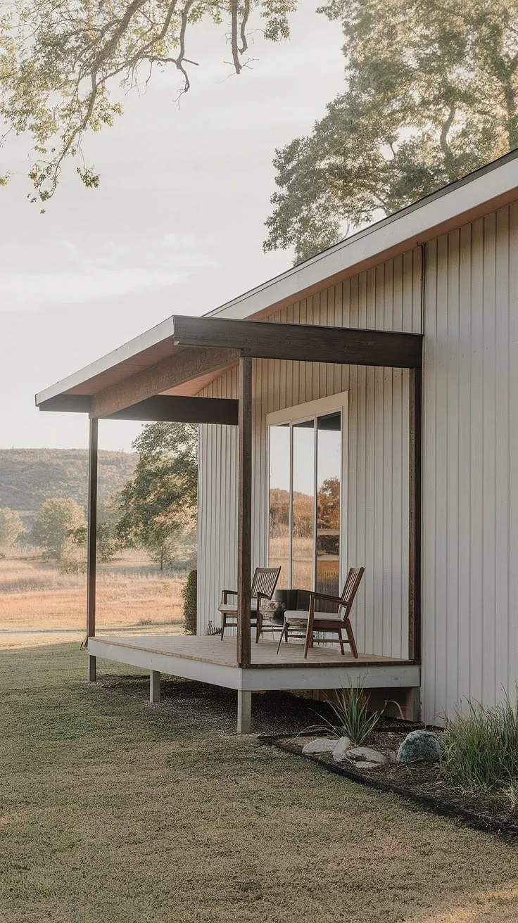 Architectural serenity: This mid-century modern farmhouse, with its light wood siding and dark trim, perfectly blends minimalist design with the tranquil landscape. The expansive porch beckons for quiet contemplation, a sanctuary where the beauty of nature meets the elegance of A thoughtfully crafted home.