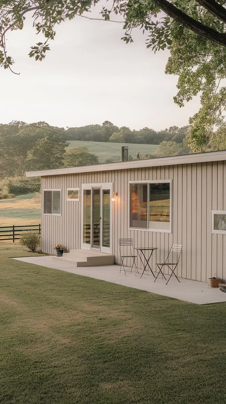 Tranquil simplicity defines this mid-century modern farmhouse. The minimalist interior, visible through the large windows, complements the serene landscape, creating a sanctuary where life slows down. A perfect blend of architecture and nature.