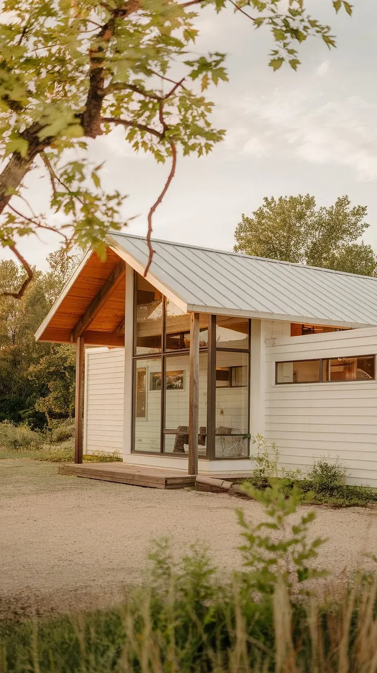Where modern minimalism meets rustic charm. This mid-century farmhouse, bathed in the warm glow of the setting sun, seamlessly blends clean lines and natural materials, creating a sanctuary of tranquility. The expansive glass window offers a breathtaking view of the surrounding landscape, a testament to the harmonious relationship between architecture and nature. A perfect example of how thoughtful design can enhance our connection with the environment.