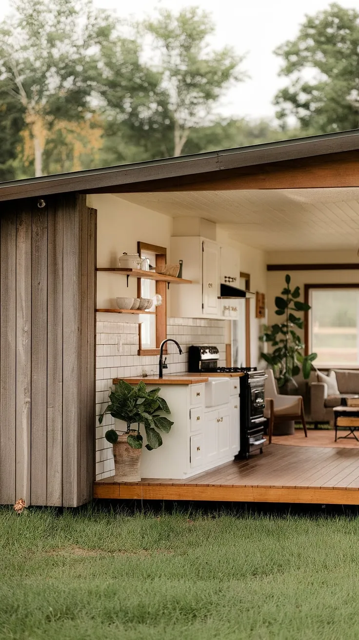 This mid-century modern farmhouse kitchen is a study in understated elegance. The wooden countertops and white cabinets offer a timeless appeal, while the black stove adds a touch of contemporary sophistication. A potted plant adds a touch of life to this peaceful, rustic retreat, a testament to the beauty of simple living.