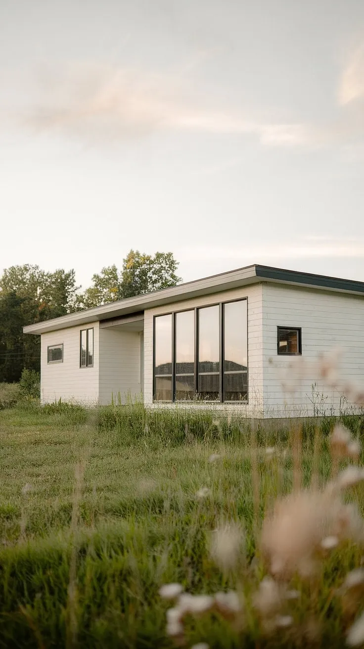 A mid-century modern farmhouse, bathed in soft light, showcases a minimalist design that seamlessly blends with its wildflower-filled surroundings. The expansive windows invite the outdoors in, creating a tranquil haven. A testament to timeless elegance and understated luxury.
