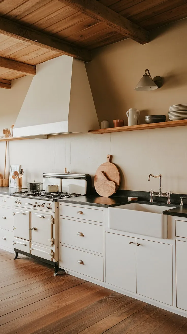This minimal cabin-style kitchen seamlessly blends rustic charm with modern functionality. The white cabinets and beige walls offer a clean backdrop to the rich wood tones and black accents, creating a space that's both inviting and effortlessly stylish. A testament to thoughtful design.