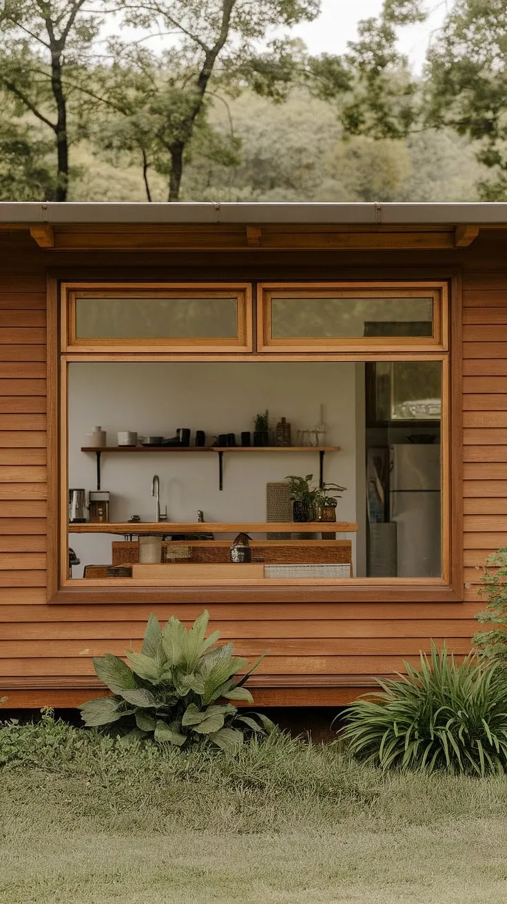 Sunlight streams through the expansive window, illuminating the minimalist mid-century modern kitchen of this charming farmhouse. The warm wood tones of the cabinetry and counters create a serene atmosphere, perfectly complemented by the lush greenery visible beyond. A perfect blend of rustic charm and contemporary design.