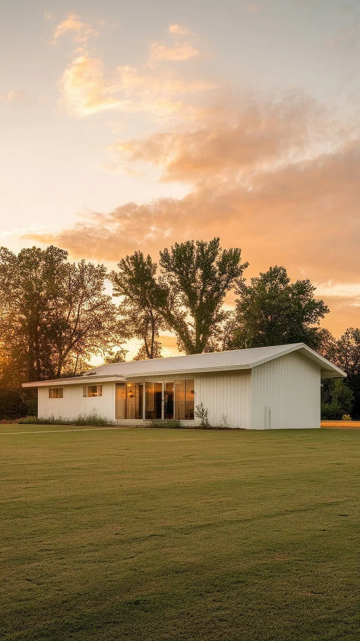 Bathed in the golden light of dawn, this renovated mid-century farmhouse stands as a beacon of understated elegance. Its simple lines and fresh white paint are complemented by the lush greenery, creating a picture of tranquil beauty. A perfect example of how classic design can be revitalized for modern living.