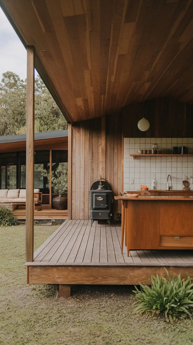 Sunlight streams through the windows of this idyllic mid-century modern farmhouse, illuminating the handcrafted wooden kitchen. A vintage stove and minimal decor create a space that's both functional and aesthetically pleasing. The open-plan design effortlessly connects the kitchen to a living area, offering a sense of calm and understated elegance. A true escape.