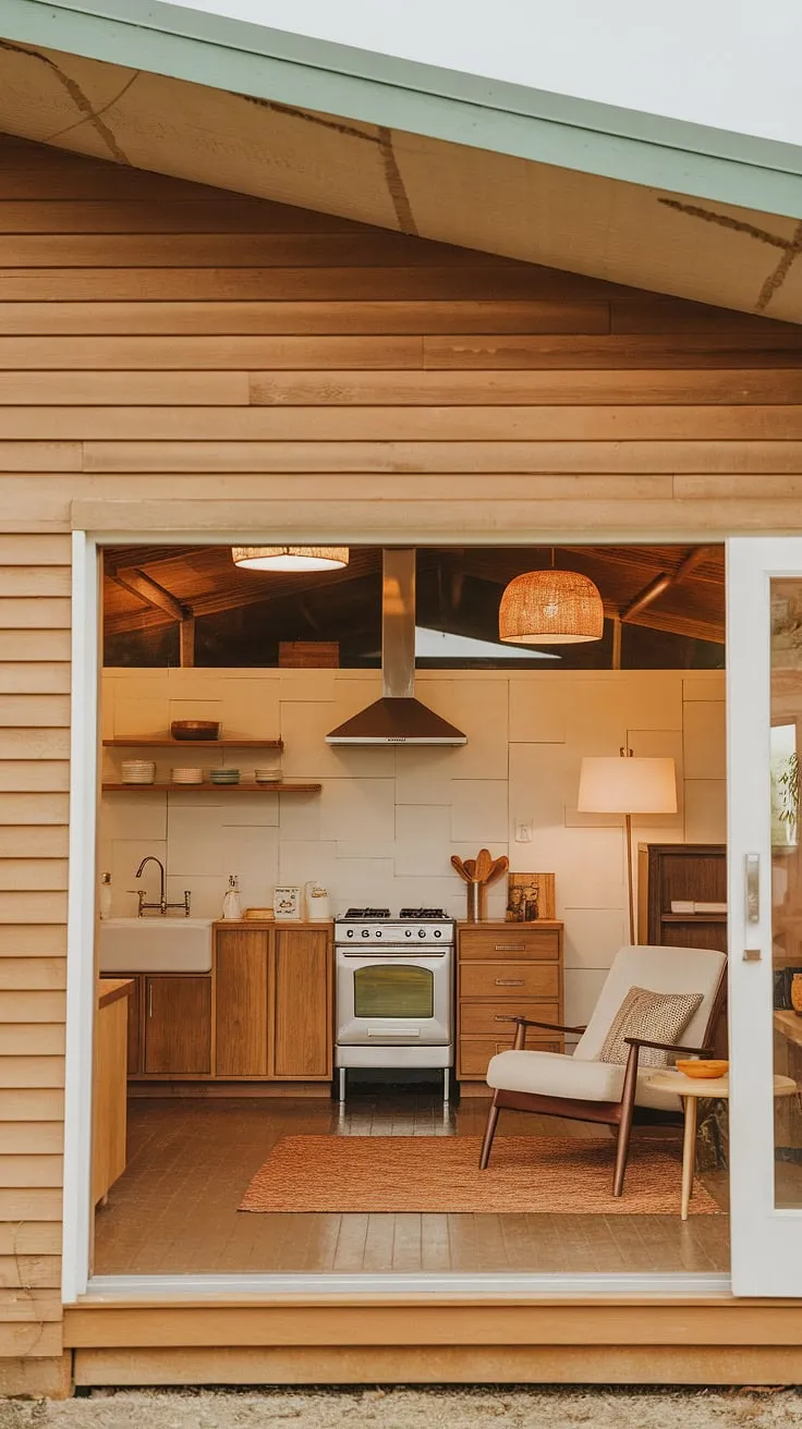 Step inside this idyllic mid-century modern farmhouse, a sanctuary of calm and understated elegance. The blend of natural wood, a vibrant green roof, and carefully chosen mid-century pieces creates a space that's both functional and aesthetically pleasing. A perfect retreat.