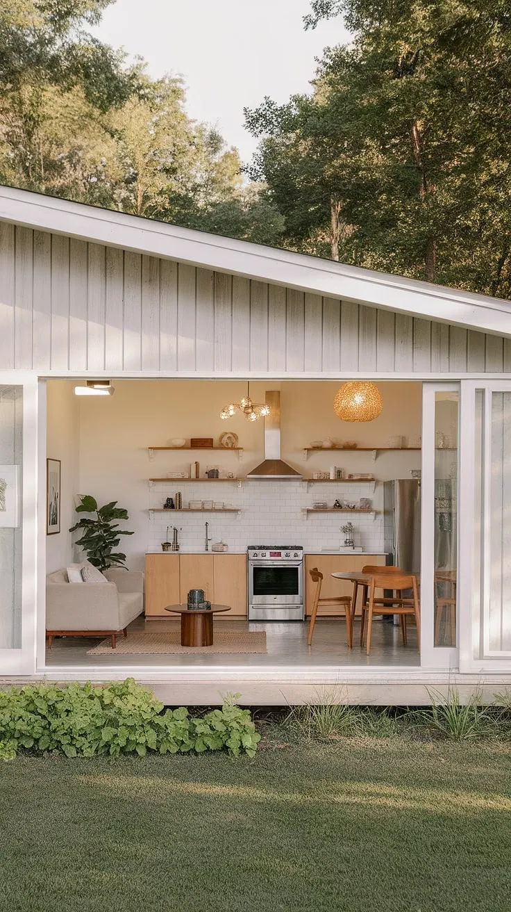 Sunlight streams through the expansive windows of this mid-century modern farmhouse, illuminating the airy, open-plan living space. The minimalist design, featuring light wood and clean lines, creates a serene atmosphere perfectly complemented by the lush greenery surrounding the home. A perfect blend of indoor and outdoor living.