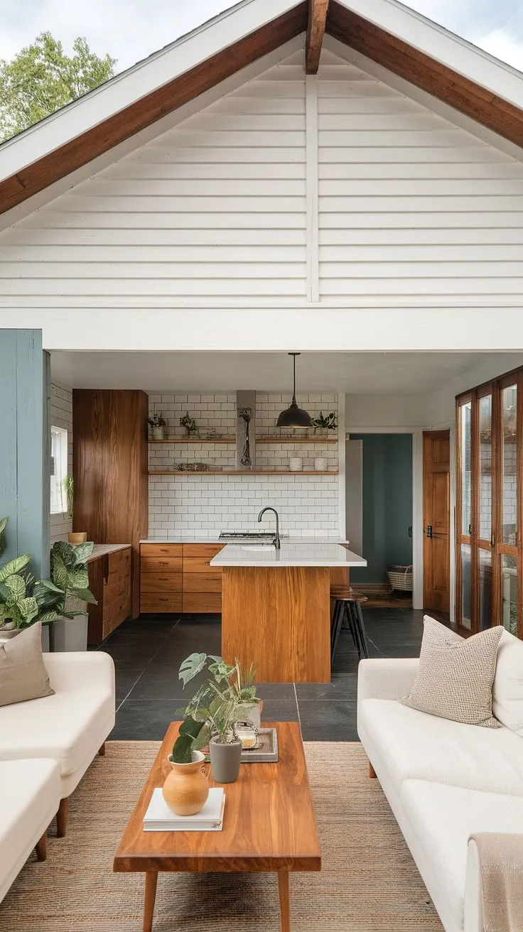 Modern farmhouse living at its finest: clean lines, natural wood tones, and a touch of mid-century modern style create a serene and inviting atmosphere. The blend of textures and the calming gray-blue walls perfectly complement the minimalist aesthetic. A perfect example of how to seamlessly integrate rustic charm with contemporary design.