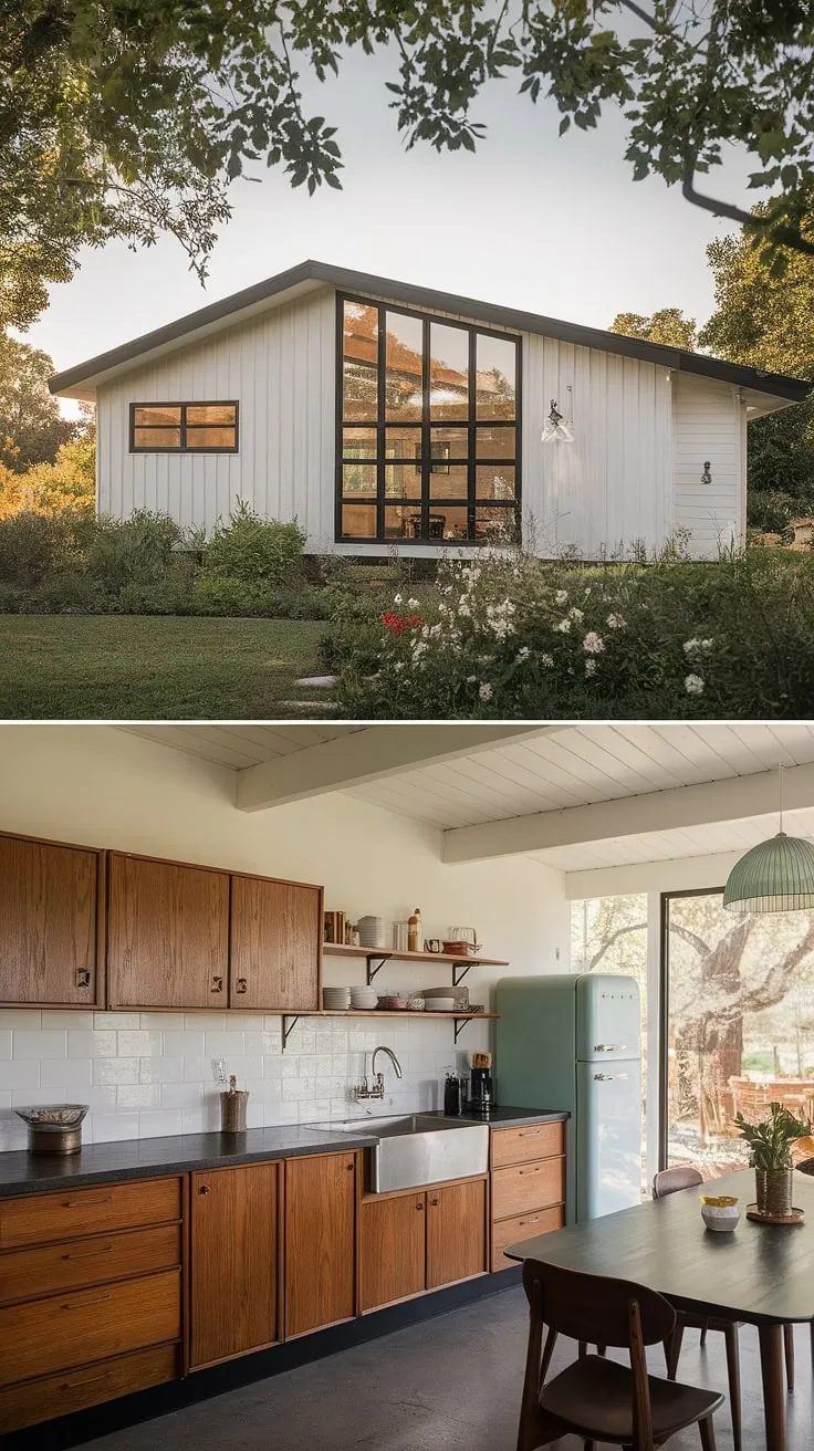 A tranquil escape nestled amongst the greenery. This stunning mid-century farmhouse boasts a minimalist aesthetic, highlighted by the contrast of white exterior and black accents. Inside, the cabin-style kitchen, with its wooden cabinets and stainless steel sink, provides a cozy and functional space. A testament to thoughtful design and a love for timeless style.