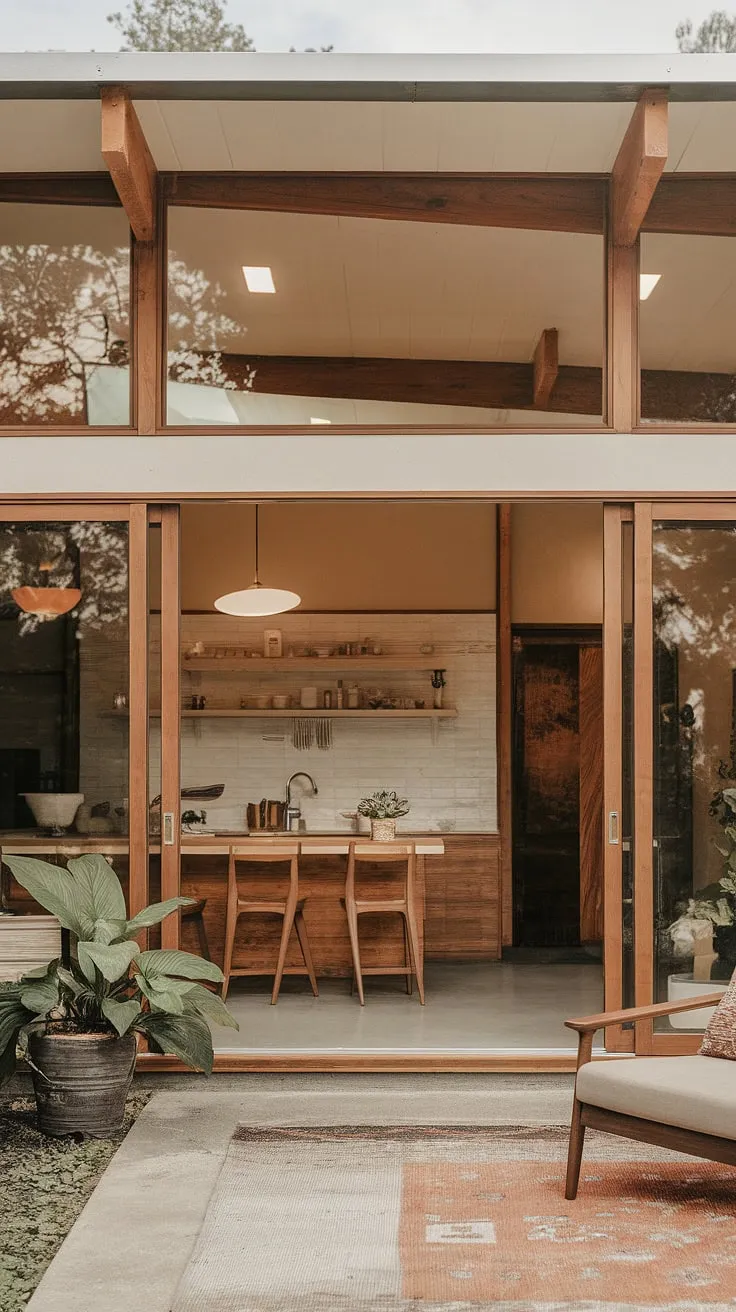 This stunning mid-century modern farmhouse showcases the beauty of simple living. Large windows flood the space with natural light, highlighting the exposed wooden beams and concrete floors. The cabin-like kitchen, complete with a wood-fired oven, adds a touch of rustic charm to the otherwise minimalist design. A true sanctuary.