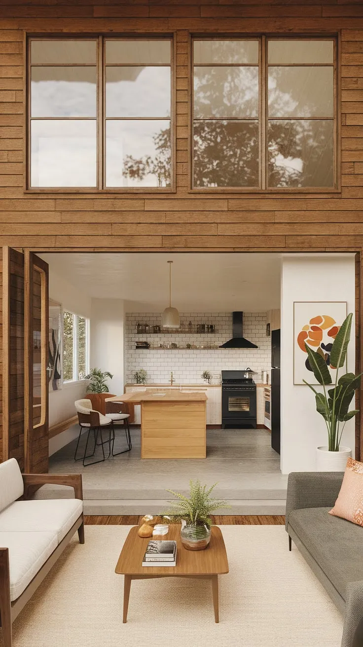 This stunning mid-century farmhouse is a testament to thoughtful design. The expansive windows bathe the interior in natural light, highlighting the beautiful wood accents and minimalist decor. The carefully curated furnishings and artwork create a sense of calm and sophistication, while the open-plan layout encourages a feeling of connection and flow. A true sanctuary where modern living meets rustic appeal.