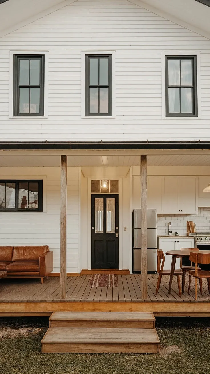 Sunlight streams through the expansive windows of this minimalist farmhouse, illuminating the warm wooden floors and showcasing the seamless flow between the living and dining areas. A testament to understated elegance, this home is a sanctuary of calm and refined living.