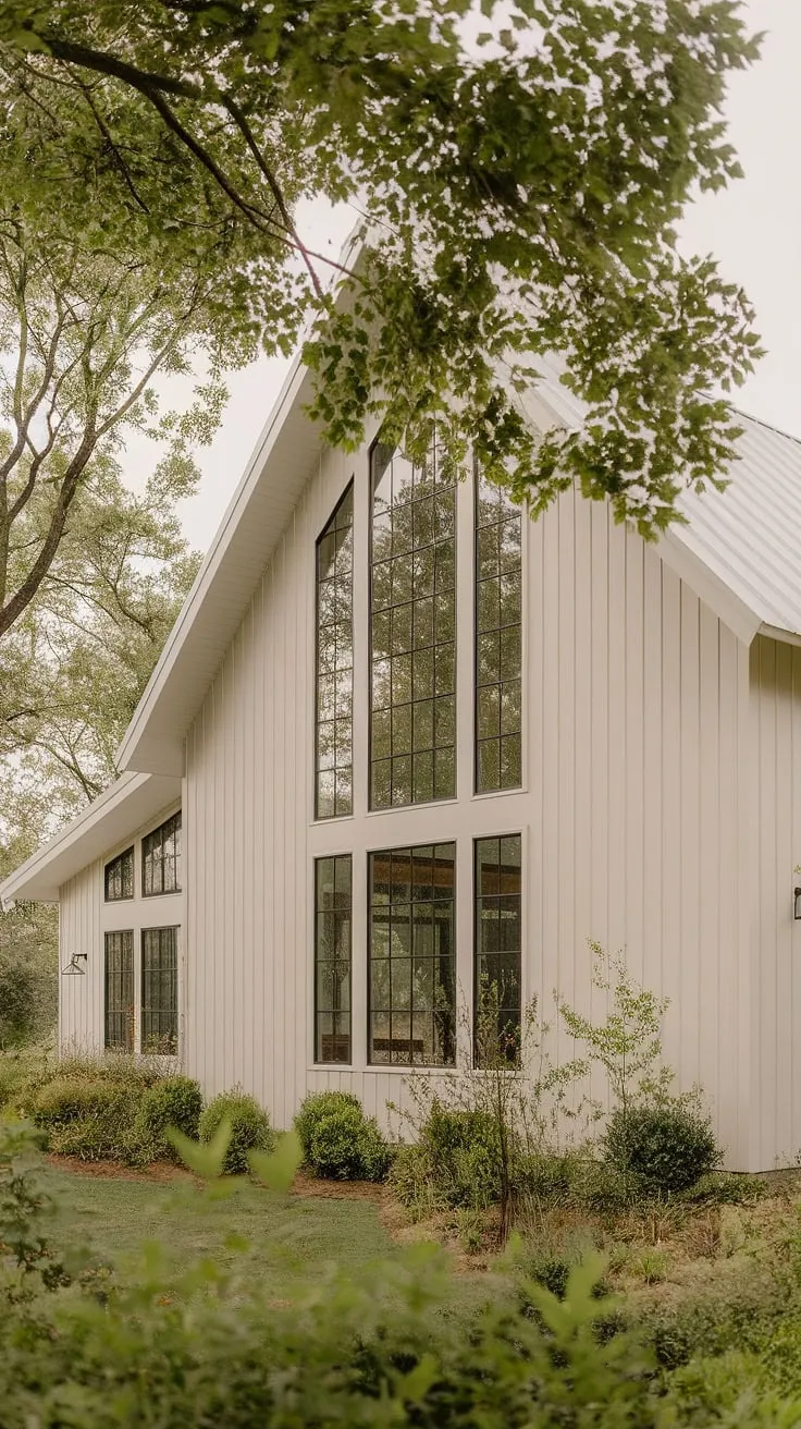 Architectural perfection meets nature's embrace. This mid-century modern farmhouse, with its clean lines and expansive windows, effortlessly blends minimalist design with the surrounding lush landscape. The steeply pitched roof and light beige exterior create a timeless aesthetic, a testament to enduring style.